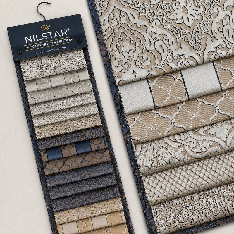 Nilstar Upholstery Collection beige and gold damask fabric swatch book